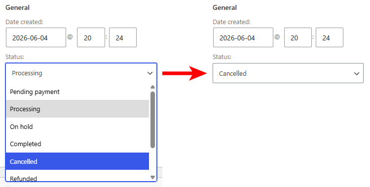 Update a WooCommerce order status to Cancelled