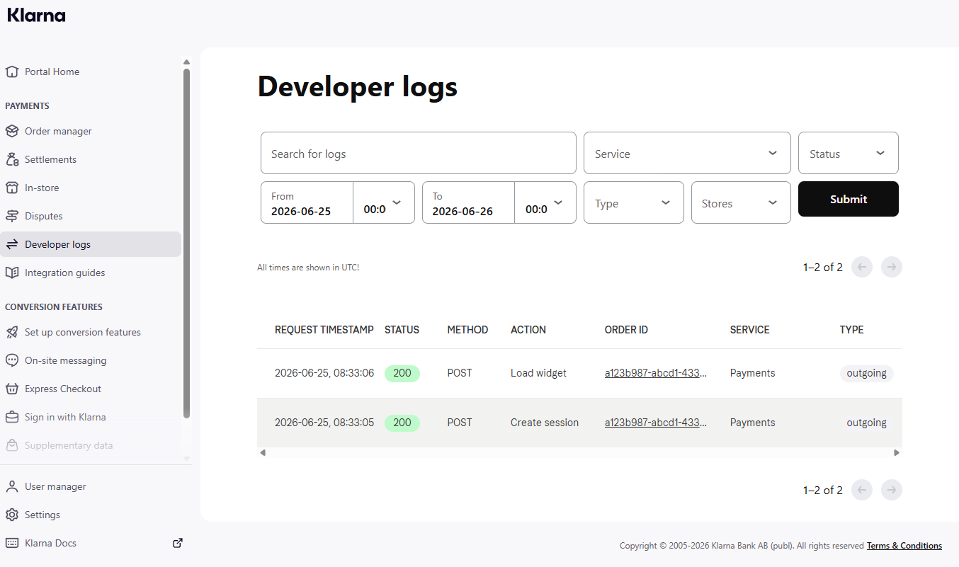 Klarna Merchant Portal Developer logs