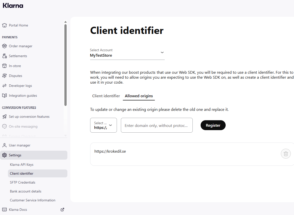 Klarna Merchant Portal - Client identifier - Allowed origins