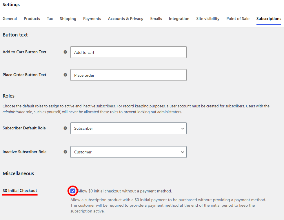 Disable $0 Initial Checkout in the Subscription settings to allow free trial subscriptions