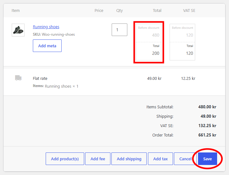 Lower the price Total for the purchased product in WooCommerce