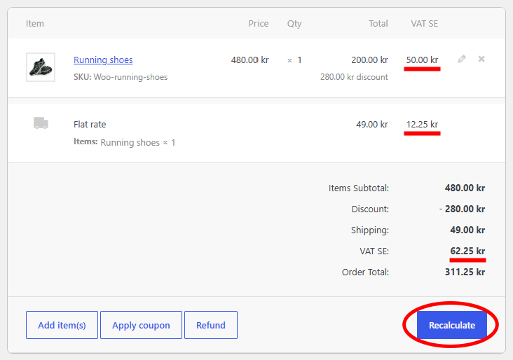 Make sure that the tax amount is correct and corresponds with the new price on updated WooCommerce order