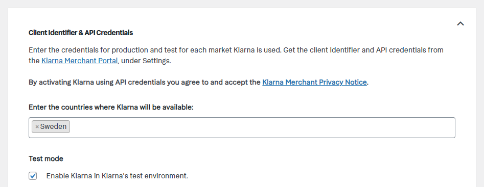 Add API credentials for Klarna in WooCommerce