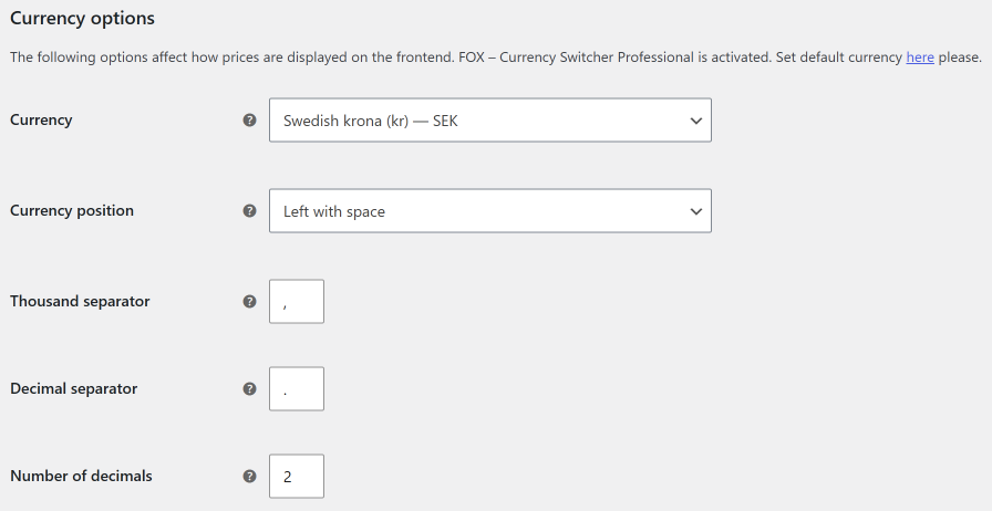 WooCommerce currency options