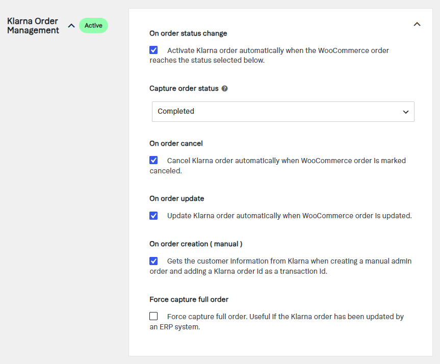Configure Order Management in the Klarna for WooCommerce settings