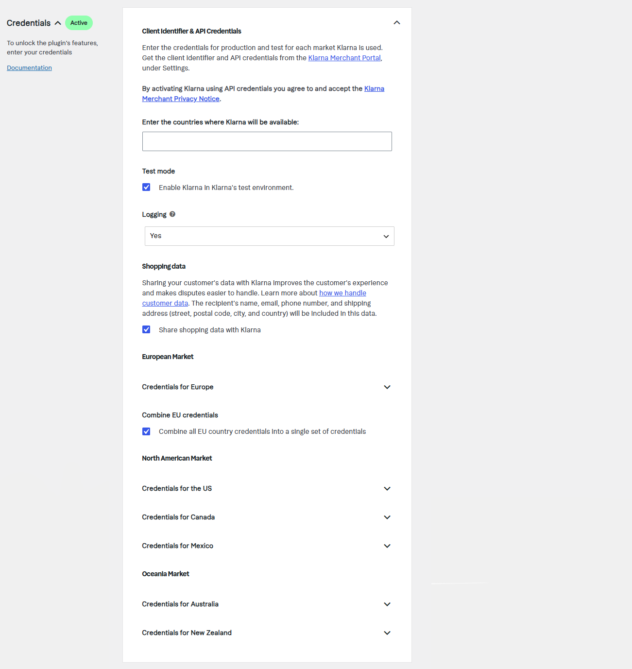 Klarna for WooCommerce settings - Client Identifier & API Credentials