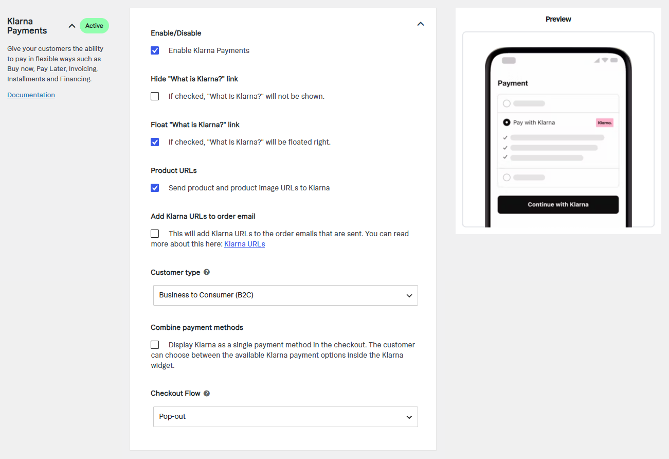 Klarna for WooCommerce settings - enable and configure Klarna Payments