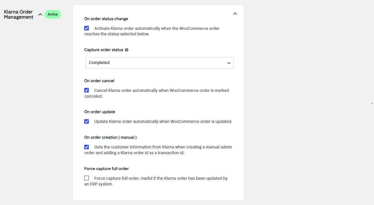 Klarna for WooCommerce settings - configure Klarna Order Management
